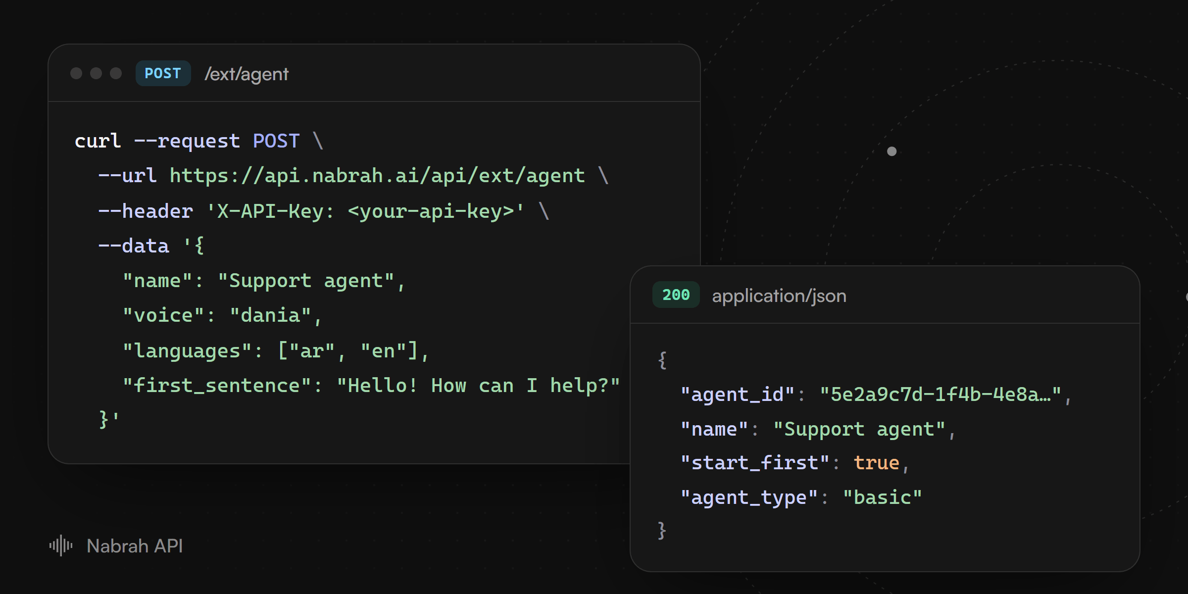 Nabrah API: a request to create an agent and its JSON response