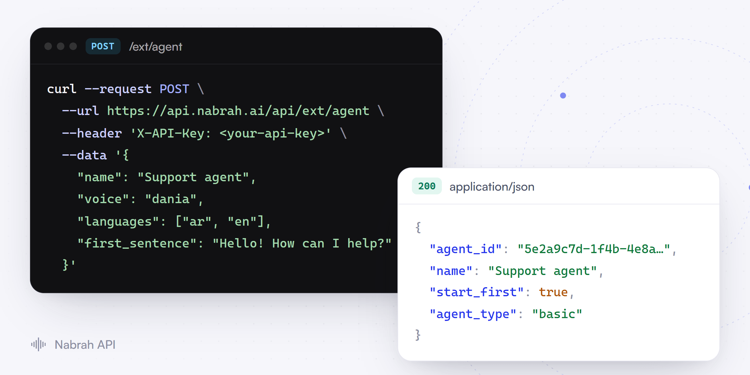 Nabrah API: a request to create an agent and its JSON response